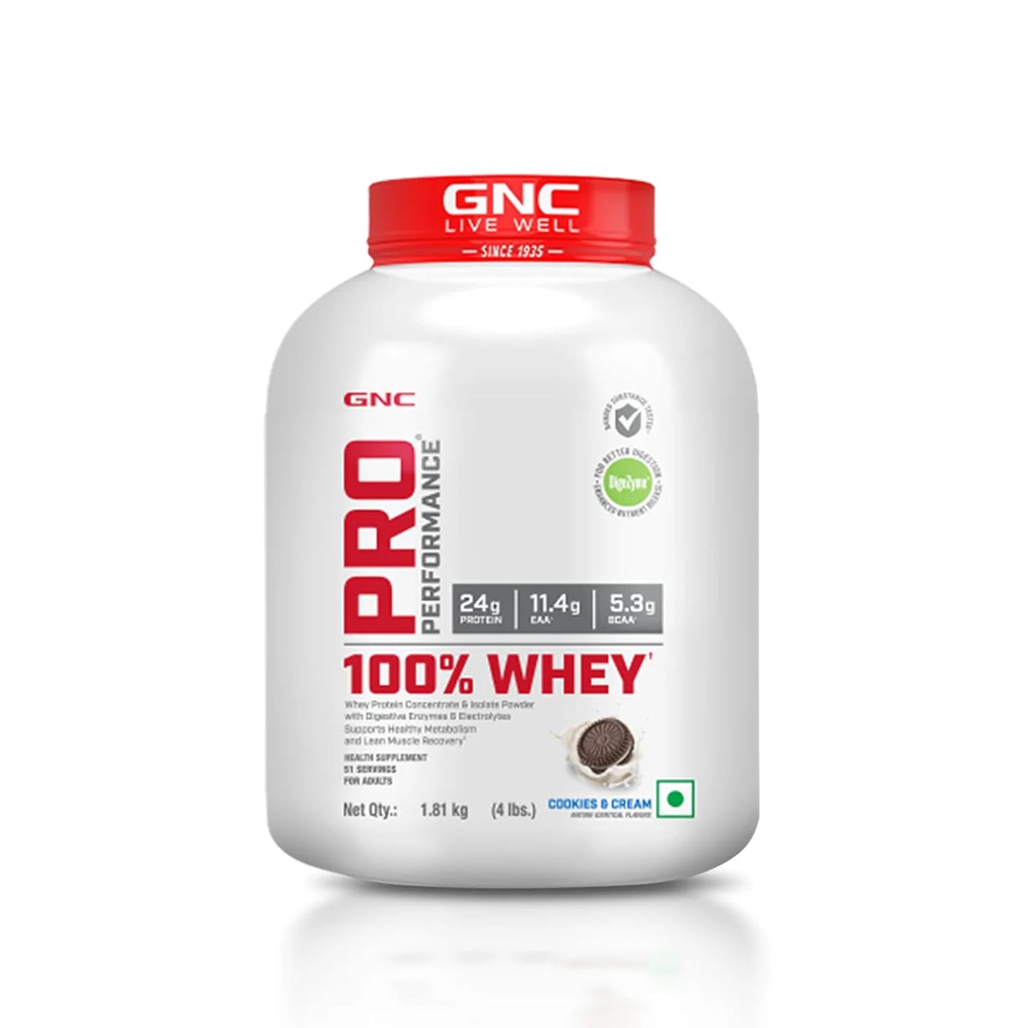GNC Pro Performance 100% Whey Protein | Muscle Growth | Muscle Recovery | DigeZyme® For Easy Digestion | Informed Choice Certified | 24g Protein | 5.5g BCAA