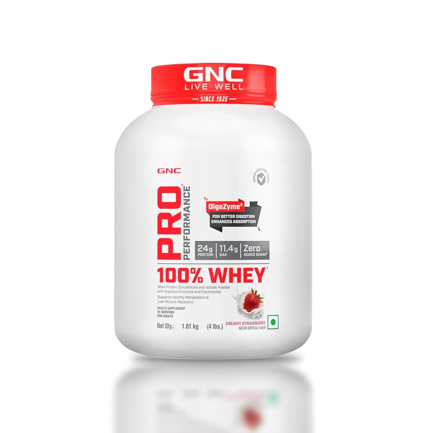 GNC Pro Performance 100% Whey Protein | Muscle Growth | Muscle Recovery | DigeZyme® For Easy Digestion | Informed Choice Certified | 24g Protein | 5.5g BCAA