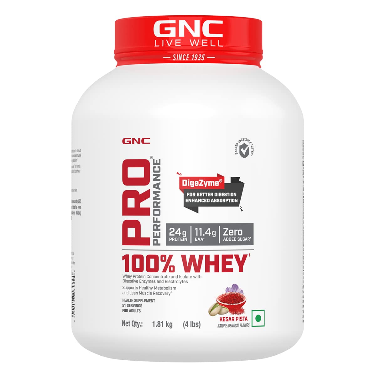 GNC Pro Performance 100% Whey Protein | Muscle Growth | Muscle Recovery | DigeZyme® For Easy Digestion | Informed Choice Certified | 24g Protein | 5.5g BCAA