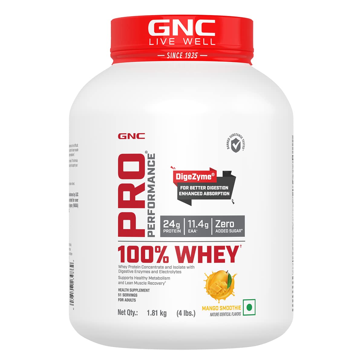 GNC Pro Performance 100% Whey Protein | Muscle Growth | Muscle Recovery | DigeZyme® For Easy Digestion | Informed Choice Certified | 24g Protein | 5.5g BCAA