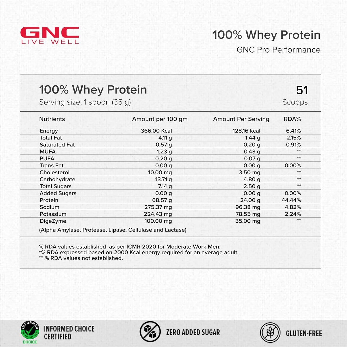 GNC Pro Performance 100% Whey Protein | Muscle Growth | Muscle Recovery | DigeZyme® For Easy Digestion | Informed Choice Certified | 24g Protein | 5.5g BCAA