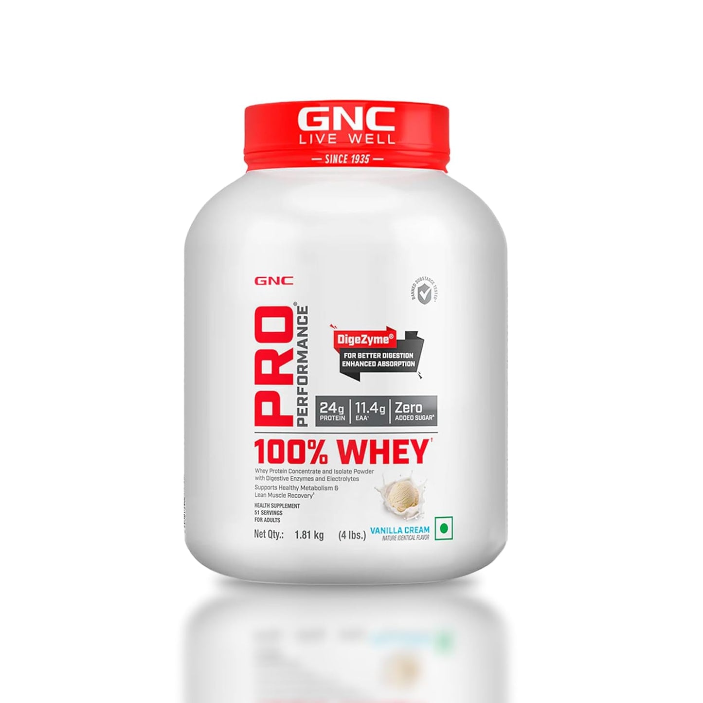 GNC Pro Performance 100% Whey Protein | Muscle Growth | Muscle Recovery | DigeZyme® For Easy Digestion | Informed Choice Certified | 24g Protein | 5.5g BCAA