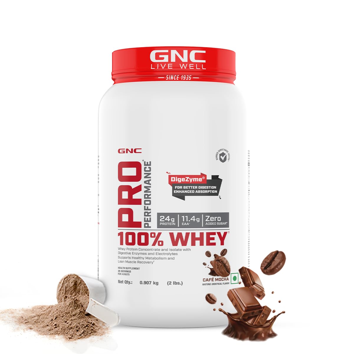 GNC Pro Performance 100% Whey Protein | Muscle Growth | Muscle Recovery | DigeZyme® For Easy Digestion | Informed Choice Certified | 24g Protein | 5.5g BCAA