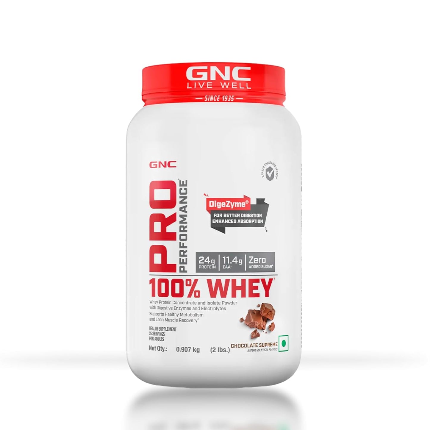 GNC Pro Performance 100% Whey Protein | Muscle Growth | Muscle Recovery | DigeZyme® For Easy Digestion | Informed Choice Certified | 24g Protein | 5.5g BCAA