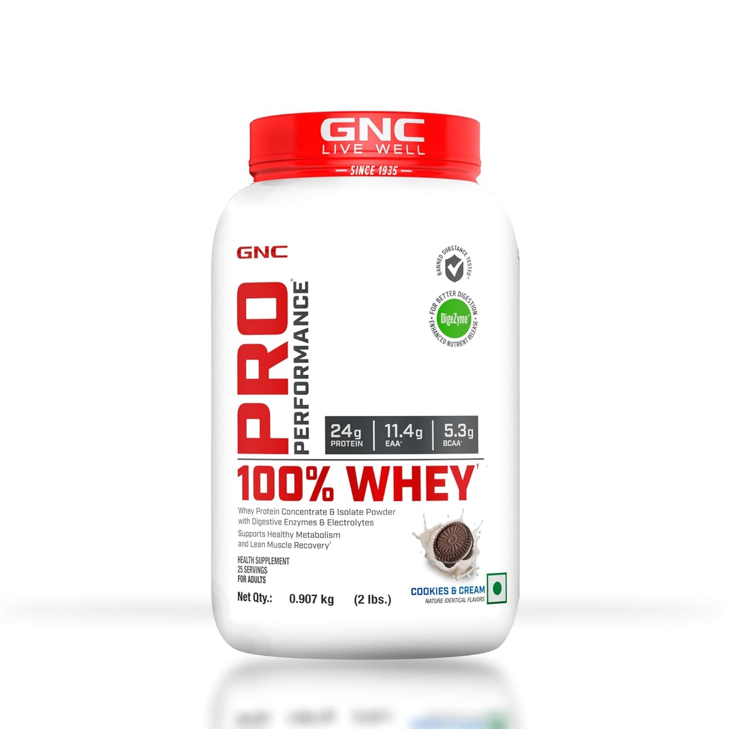 GNC Pro Performance 100% Whey Protein | Muscle Growth | Muscle Recovery | DigeZyme® For Easy Digestion | Informed Choice Certified | 24g Protein | 5.5g BCAA