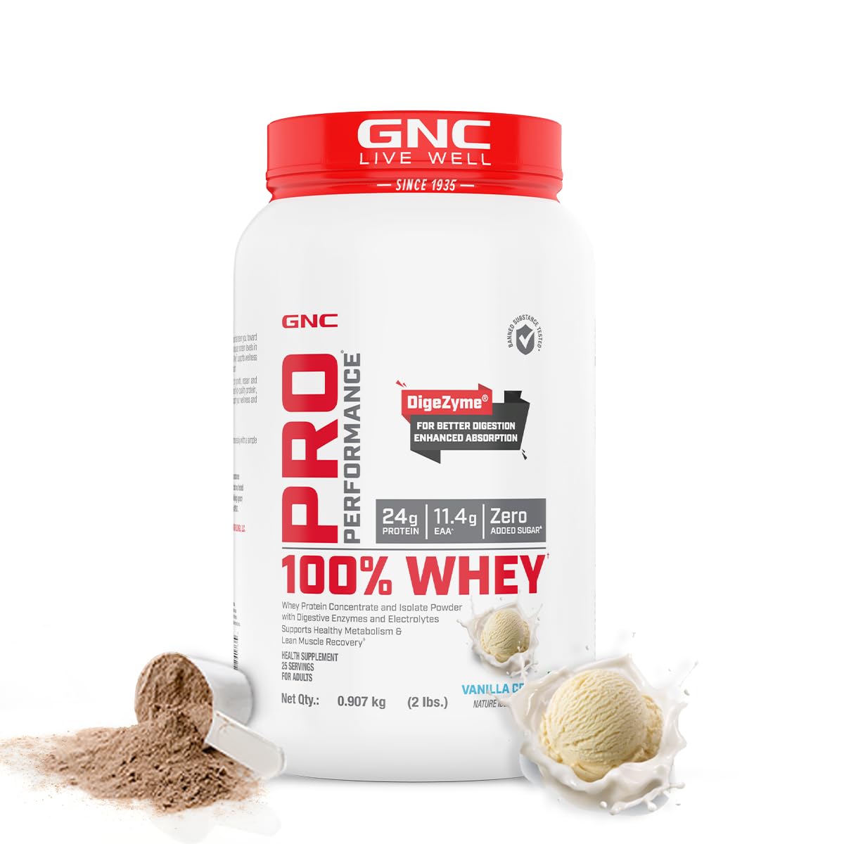 GNC Pro Performance 100% Whey Protein | Muscle Growth | Muscle Recovery | DigeZyme® For Easy Digestion | Informed Choice Certified | 24g Protein | 5.5g BCAA