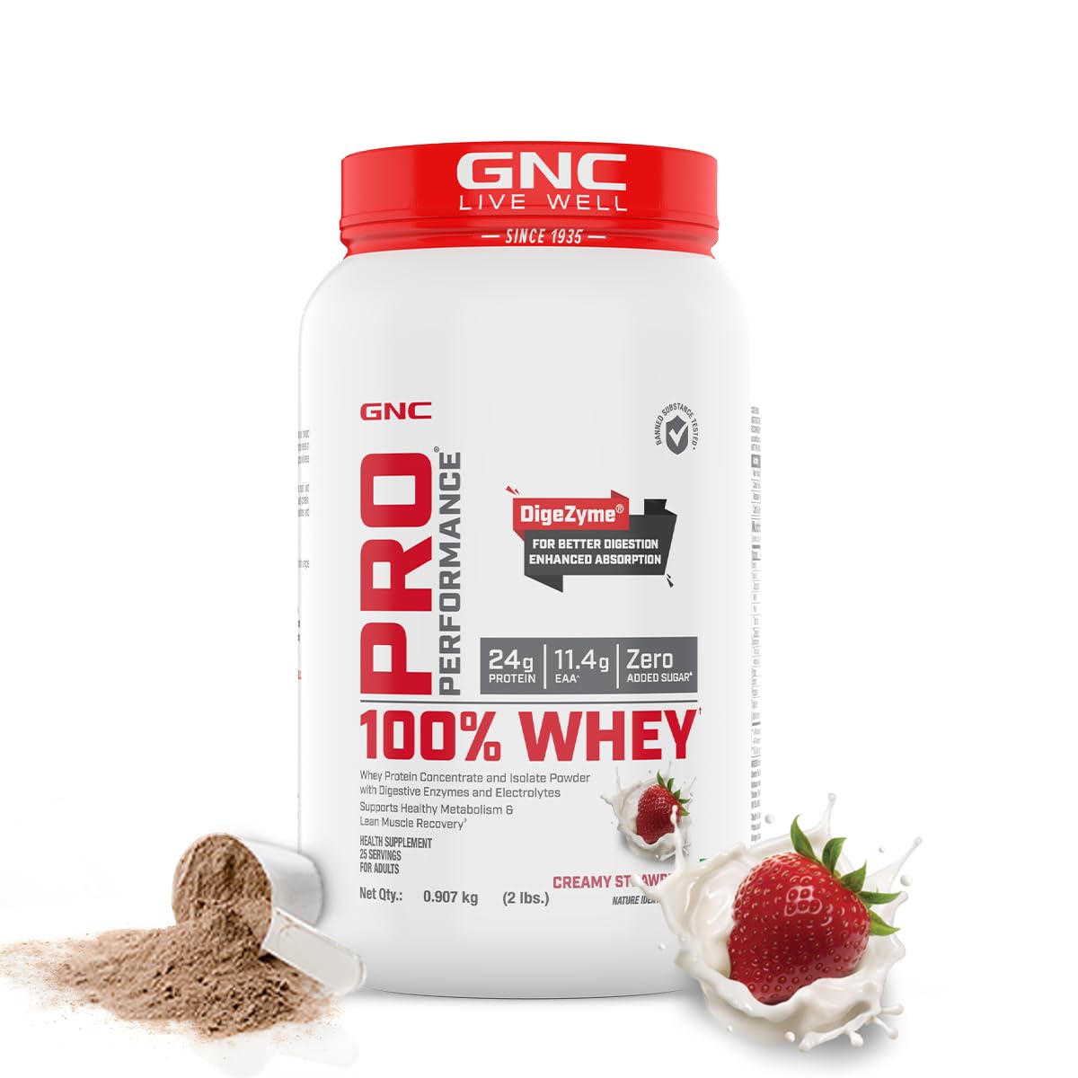 GNC Pro Performance 100% Whey Protein | Muscle Growth | Muscle Recovery | DigeZyme® For Easy Digestion | Informed Choice Certified | 24g Protein | 5.5g BCAA