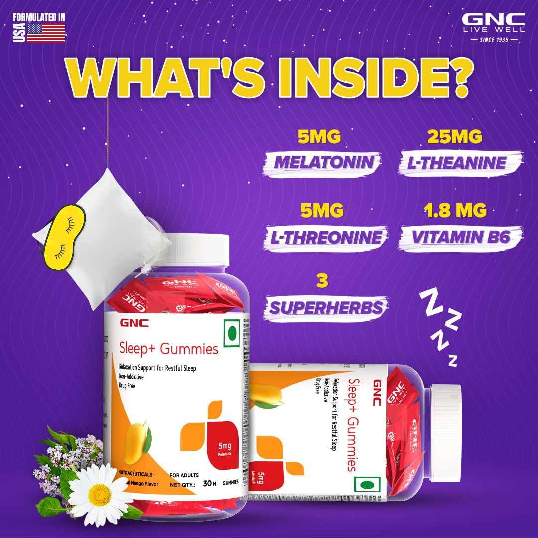 GNC Sleep+ Gummies | 30 Gummies | Induces Sleep Within Minutes | Promotes Deep Sleep | Helps Stay Asleep For Longer | Calms Brain & Relaxes Nerves | Prevents Next-Day Drowsiness | Mango Flavor| Formulated In USA
