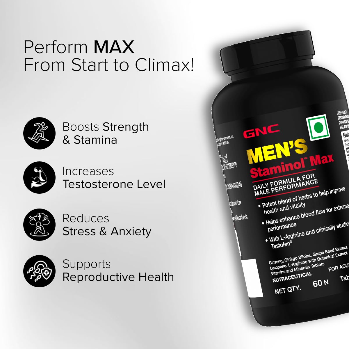 GNC Staminol Max for Men | 60 Veg Tablets | Blend of 8 Superherb | Increases Blood Flow | Maximizes Strength & Stamina | Supports Men's Health
