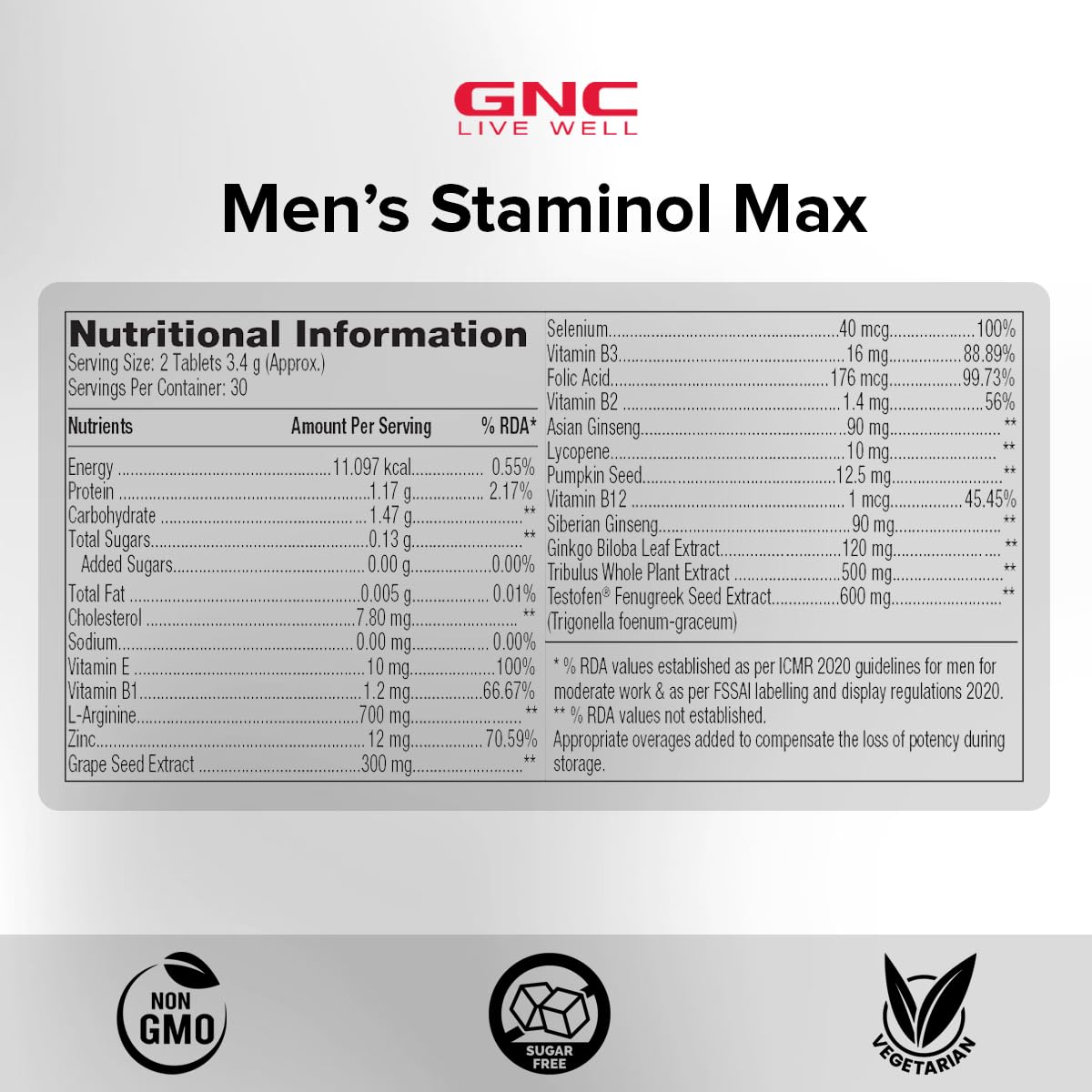 GNC Staminol Max for Men | 60 Veg Tablets | Blend of 8 Superherb | Increases Blood Flow | Maximizes Strength & Stamina | Supports Men's Health