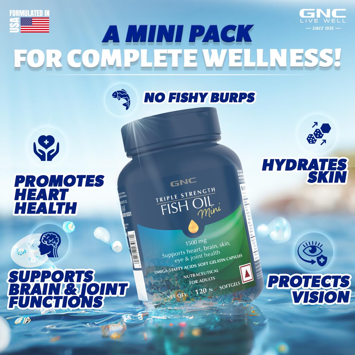 GNC 1500 Mg Triple Strength Fish Oil Mini Omega 3 Softgels For Men & Women| 540 Mg Epa & 360 Mg Dha | No Fishy Burps | For Men & Women |Formulated In Usa