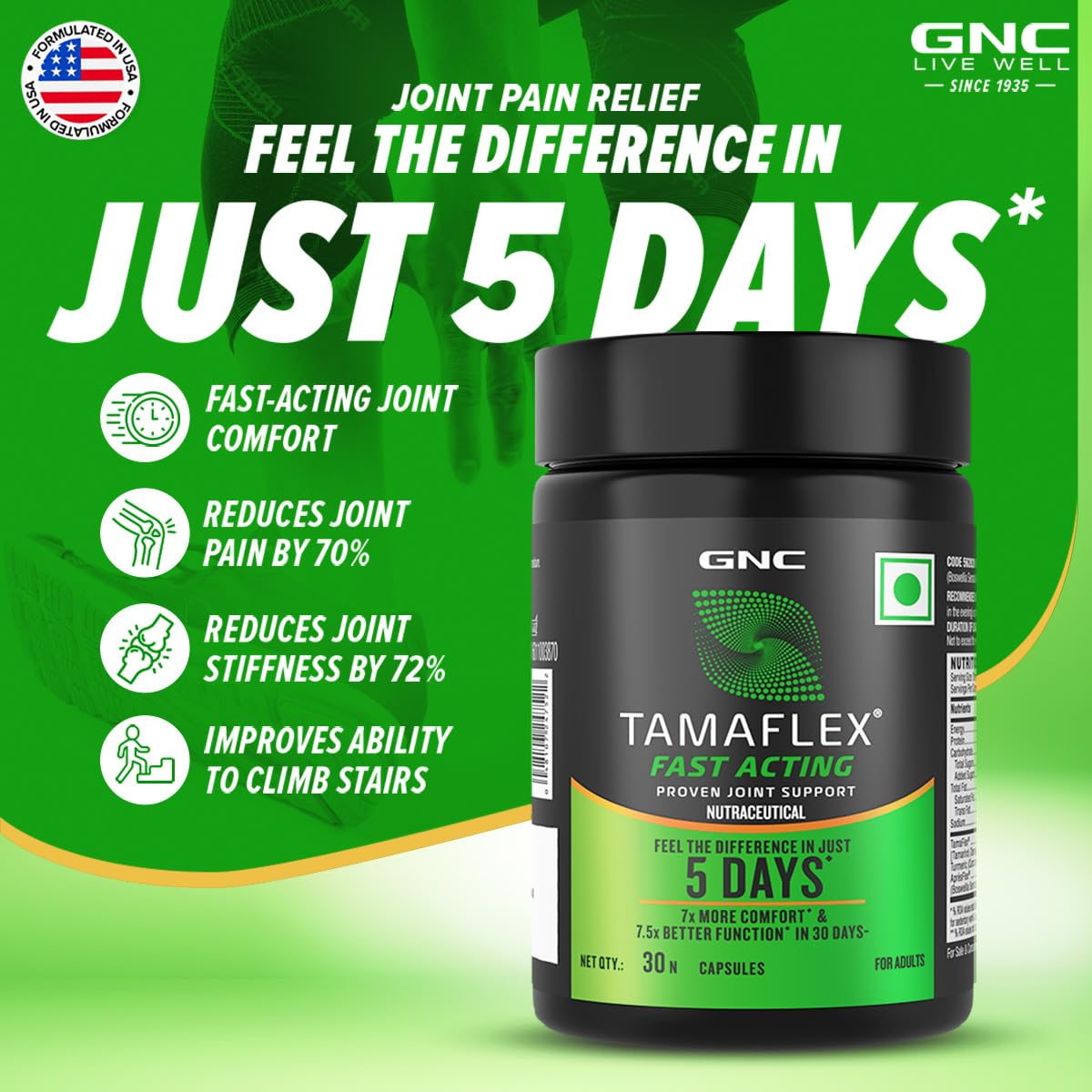 GNC TamaFlex Fast-Acting | Joint Comfort in 5 Days | Relives Pain | Improves Mobility | Reduces Stiffness | 100% Vegan Supplement | 30 Capsules