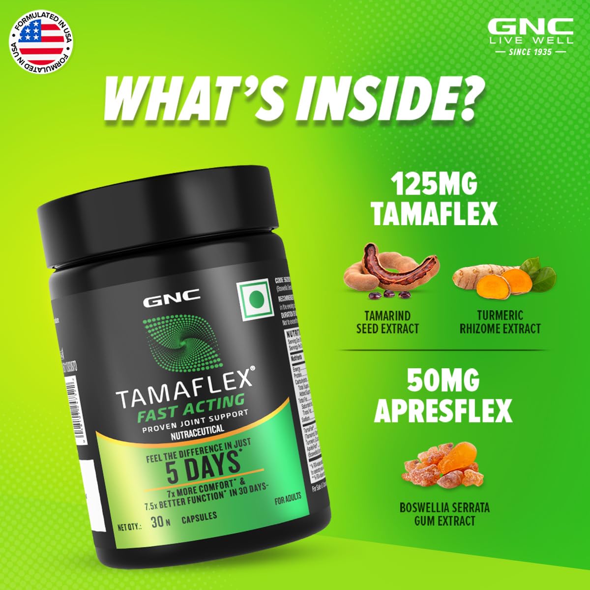 GNC TamaFlex Fast-Acting | Joint Comfort in 5 Days | Relives Pain | Improves Mobility | Reduces Stiffness | 100% Vegan Supplement | 30 Capsules