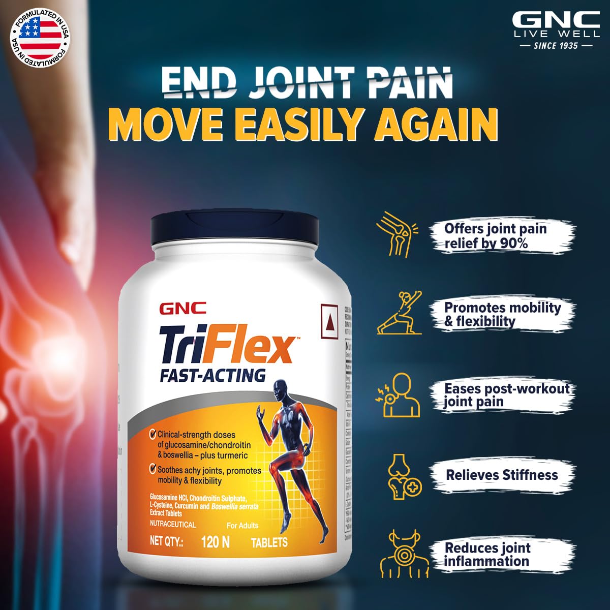 GNC TriFlex Fast Acting | 120 Caplets | 7X Better Joint Health | Soothes Painful Joints | Relieves Stiffness | Provides Mobility Support | Formulated In USA | Contains Glucosamine & Chondroitin