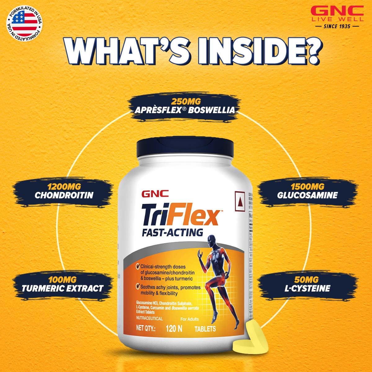 GNC TriFlex Fast Acting | 120 Caplets | 7X Better Joint Health | Soothes Painful Joints | Relieves Stiffness | Provides Mobility Support | Formulated In USA | Contains Glucosamine & Chondroitin