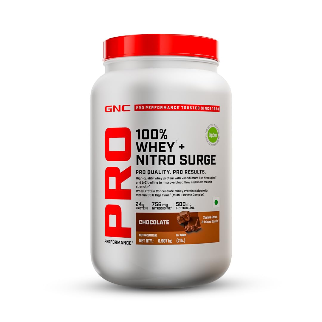 GNC 100% Whey + Nitro Surge| 24g Protein| Cardio Protect Formula| 756mg Nitrosigine| 500mg L-Citrulline for Muscle Recovery, Endurance & Heart Health | Chocolate