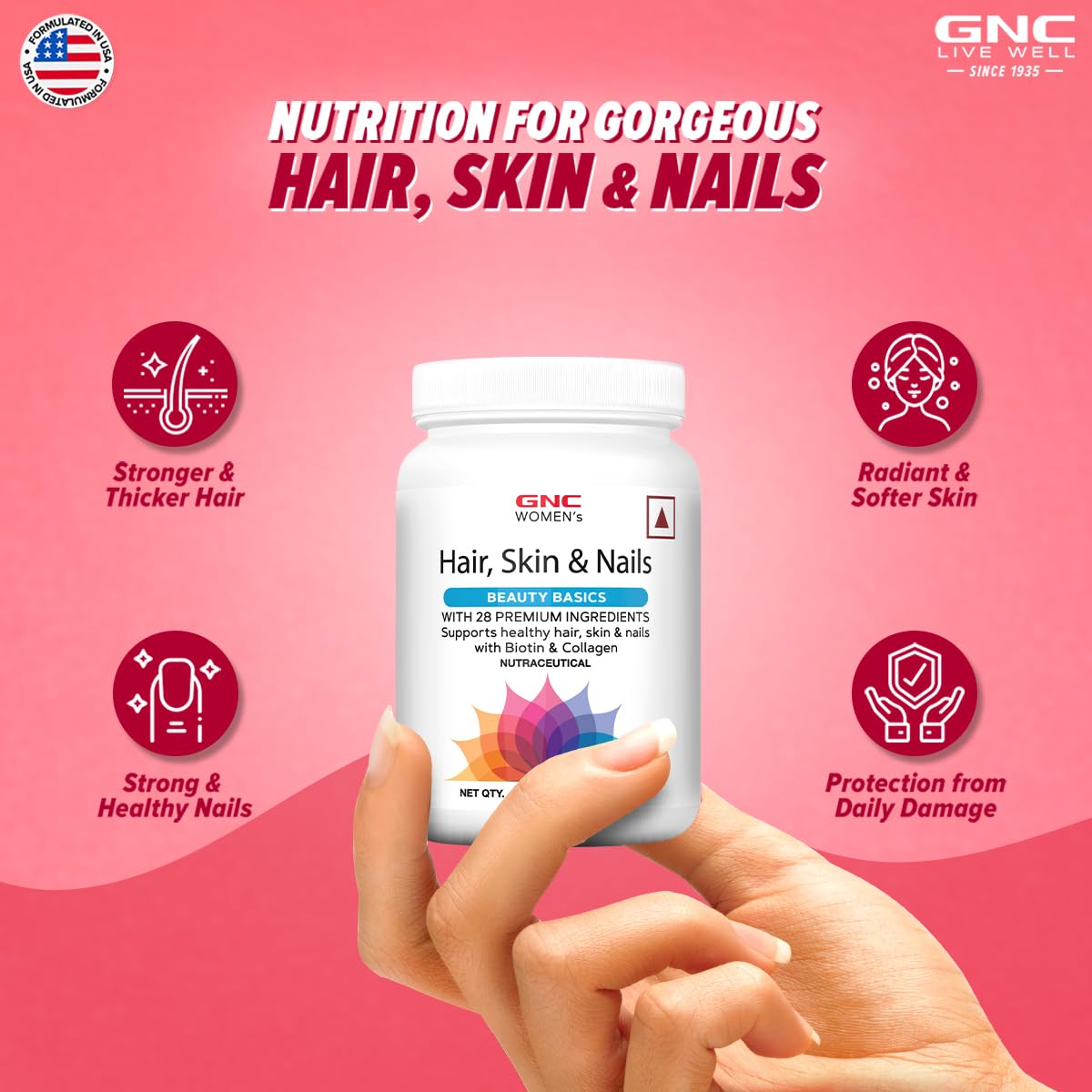 GNC Women's Hair, Skin and Nails Multivitamin With Biotin For Women| 120 Tablets |Hair Fall Control |Improved Hair Growth|Younger-Looking Skin |Stronger Nails |28 Premium Ingredients