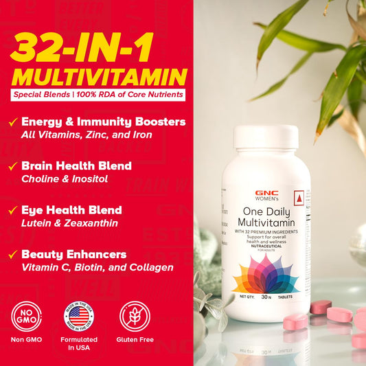GNC Women's One Daily Multivitamin |32 Premium Ingredients with Vitamin C| Biotin| Collagen & Antioxidants | Boosts Immunity & Energy | Improves Skin| Hair| Nails & Eye Health