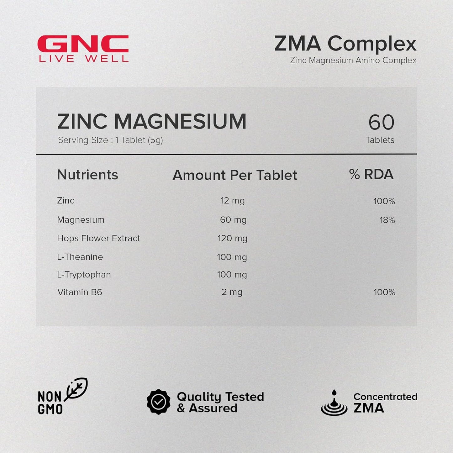 GNC Zinc Magnesium Complex (ZMA) with Vitamin B6, L-Theanine, L-Tryptophan & Hops Flower Extract | 60 Veg Tablets | Supports Restful Sleep, Calmness & Nerve Function | USA Formulated