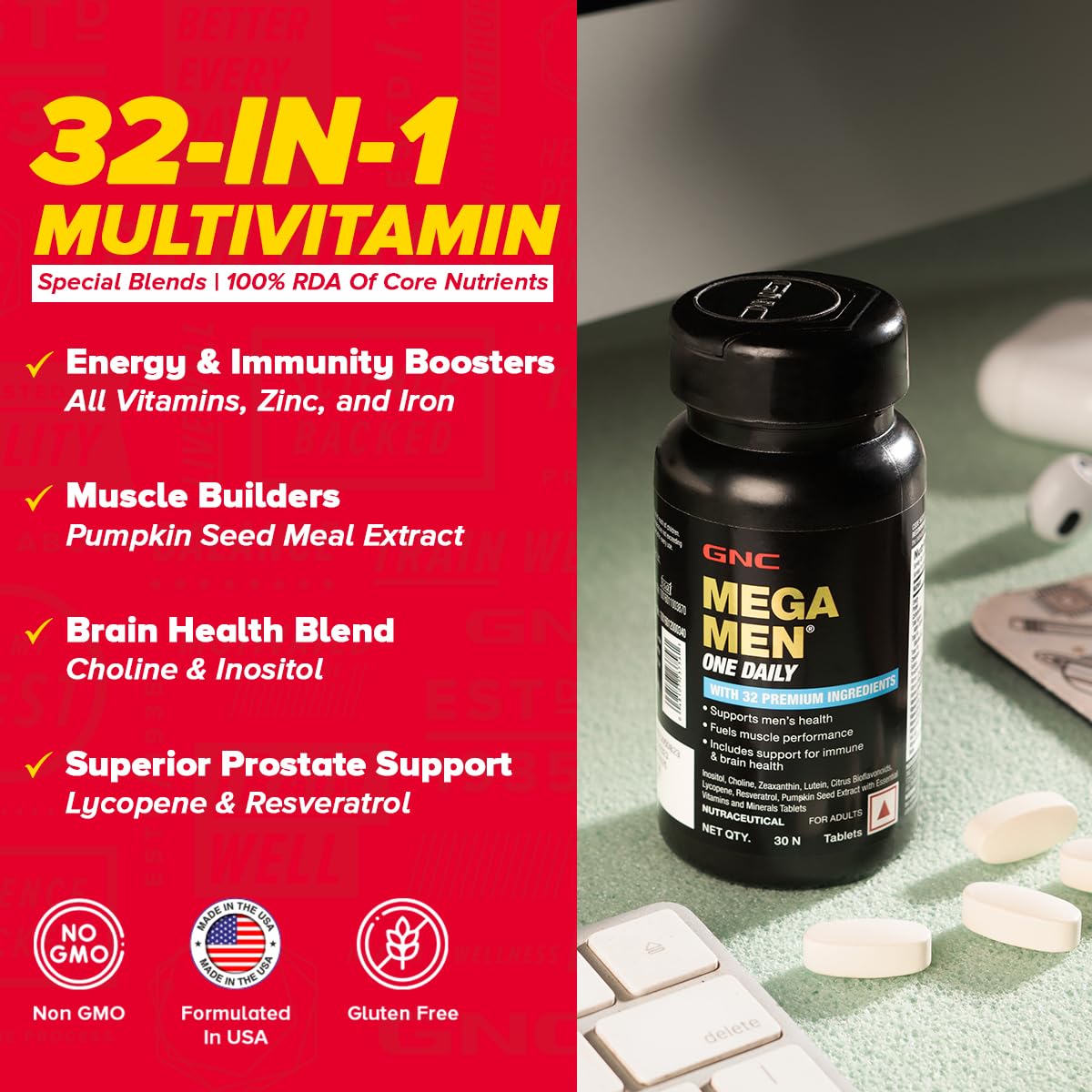 GNC Mega Men One Daily Multivitamin| 30 Tablets| 32 Premium Ingredients| Promotes Men'S Well-Being| Supports Muscle Function| Boosts Immunity| Improves Memory & Focus| Formulated In Usa
