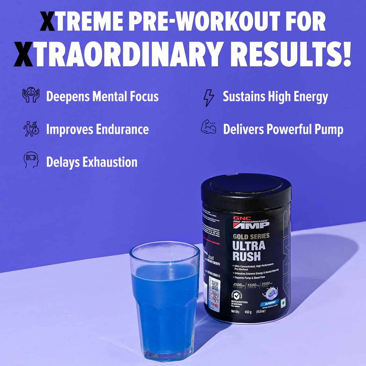 GNC AMP Gold Series Ultra Rush Pre-Workout | 450 gm | 30 Servings | Maximum Energy & Stamina | Deep Mental Focus | Powerful Muscle Pump | 4.5g Beta-Alanine | 1.5g L-Citrulline | 2.5g L-Arginine