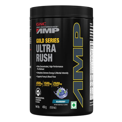 GNC AMP Gold Series Ultra Rush Pre-Workout | 450 gm | 30 Servings | Maximum Energy & Stamina | Deep Mental Focus | Powerful Muscle Pump | 4.5g Beta-Alanine | 1.5g L-Citrulline | 2.5g L-Arginine
