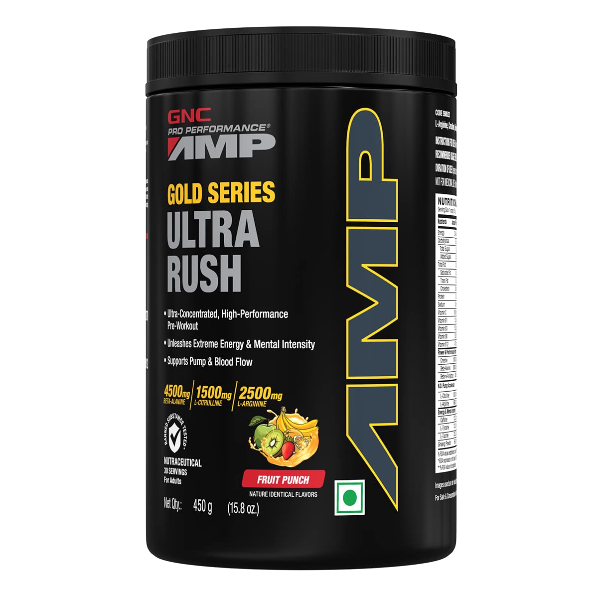 GNC AMP Gold Series Ultra Rush Pre-Workout | 450 gm | 30 Servings | Maximum Energy & Stamina | Deep Mental Focus | Powerful Muscle Pump | 4.5g Beta-Alanine | 1.5g L-Citrulline | 2.5g L-Arginine