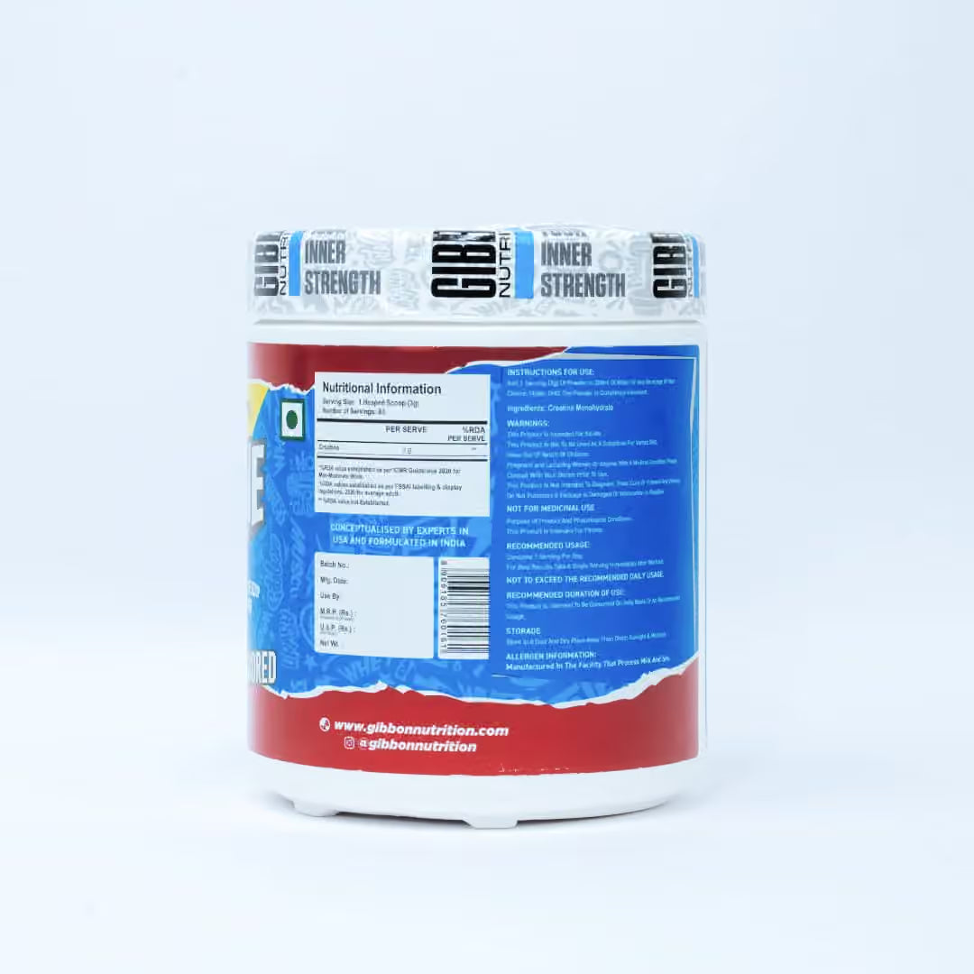 Gibbon Creatine Monohydrate Powder| 3000mg Micronised Pure Creatine per Scoop | Pre & Post Workout for Strength| Muscle Gain & Recovery