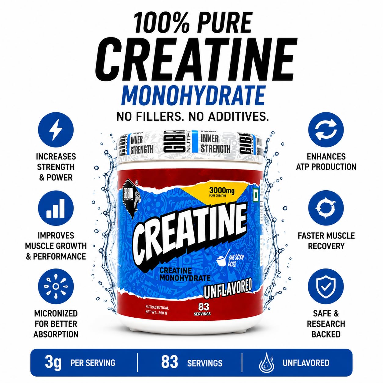 Gibbon Creatine Monohydrate Powder| 3000mg Micronised Pure Creatine per Scoop | Pre & Post Workout for Strength| Muscle Gain & Recovery