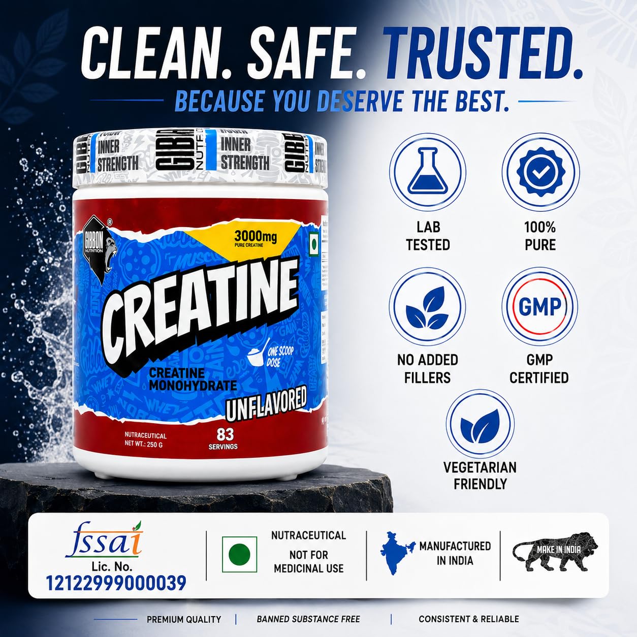 Gibbon Creatine Monohydrate Powder| 3000mg Micronised Pure Creatine per Scoop | Pre & Post Workout for Strength| Muscle Gain & Recovery