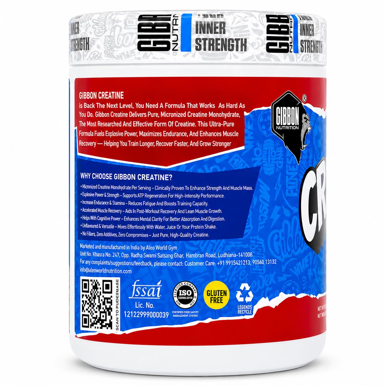 Gibbon Creatine Monohydrate Powder| 3000mg Micronised Pure Creatine per Scoop | Pre & Post Workout for Strength| Muscle Gain & Recovery