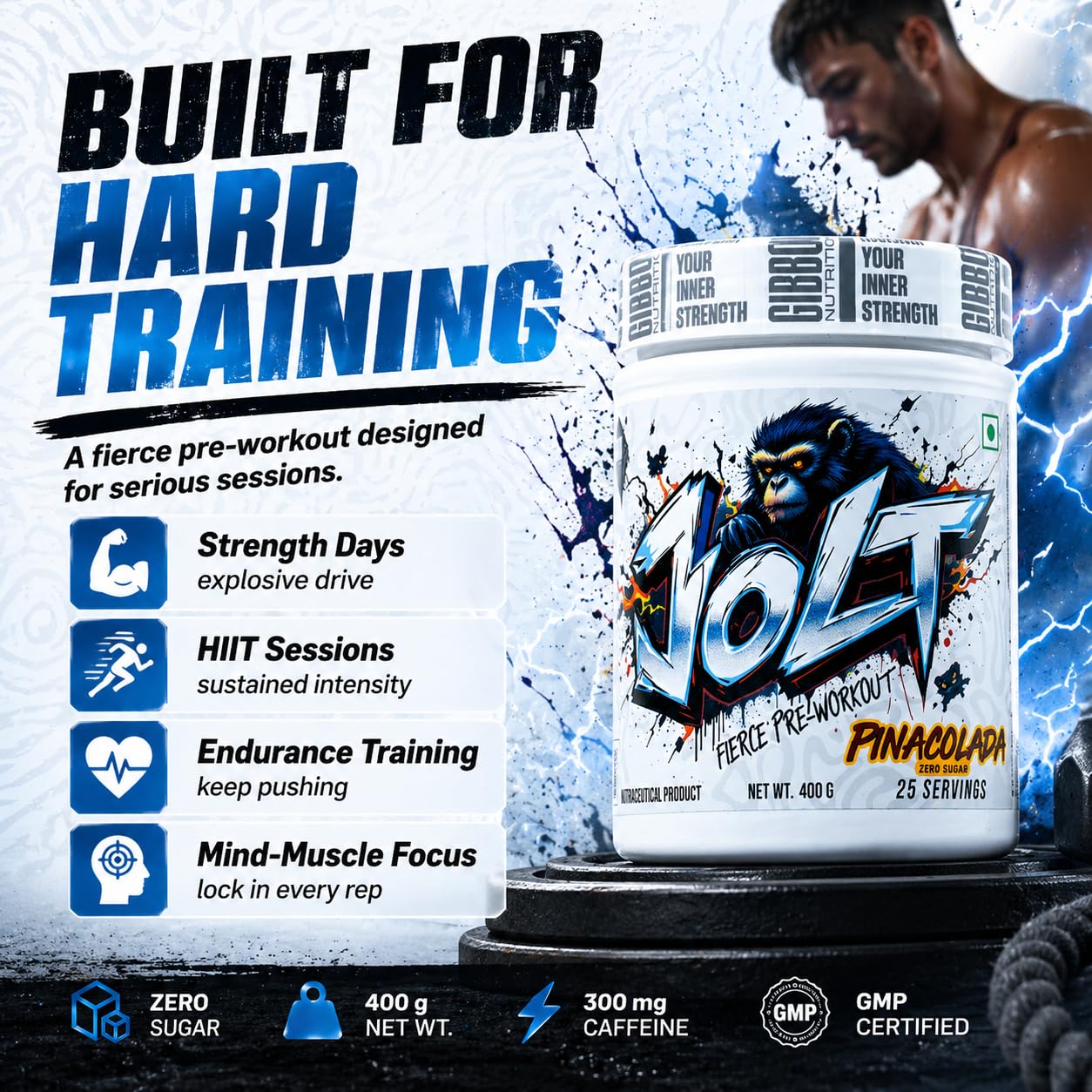 GIBBON JOLT Fierce Pre-Workout | 7000mg Citrulline|5400mg Beta-Alanine| 300mg Caffeine |1000mg Taurine | Zero Sugar|Vegetarian| Gluten Free