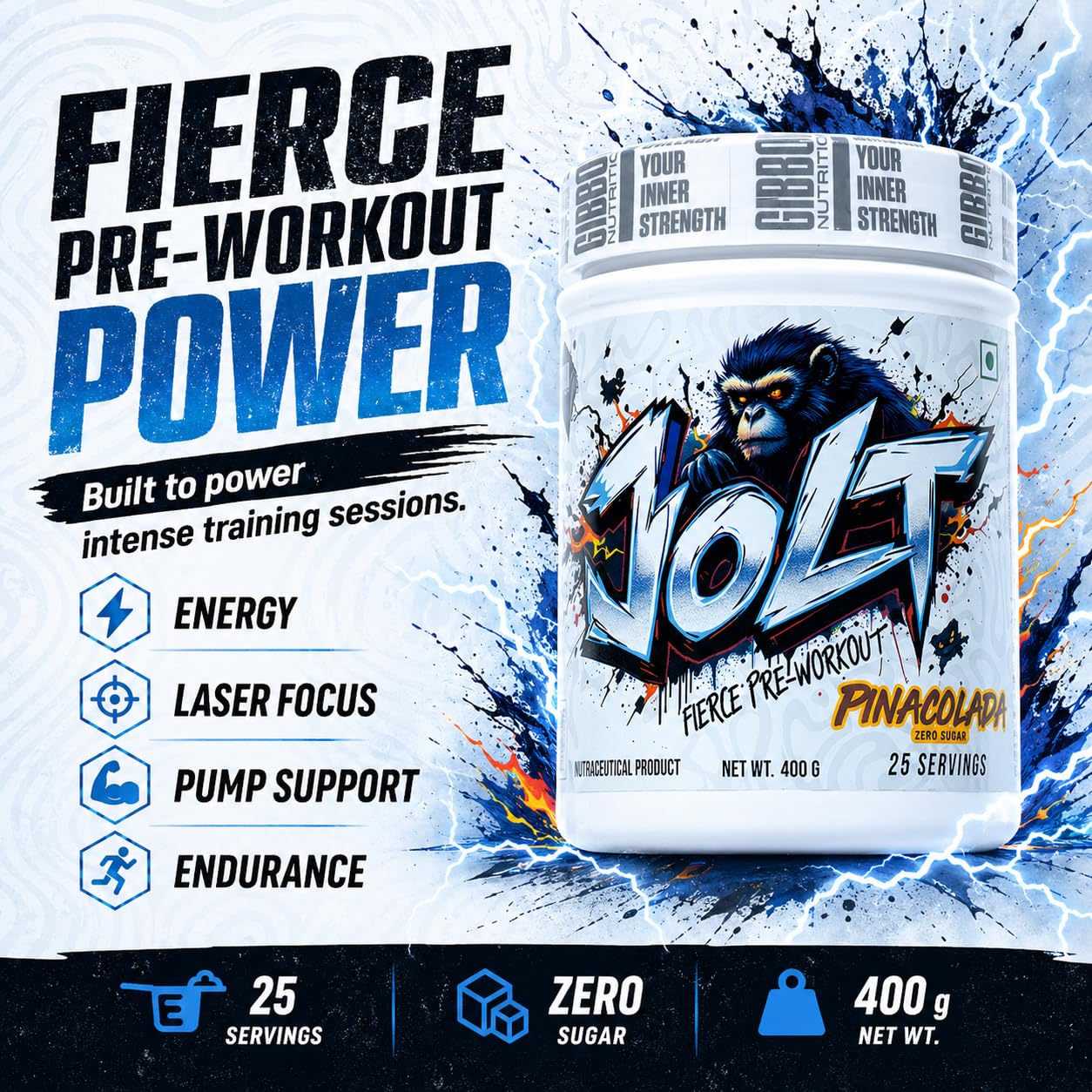 GIBBON JOLT Fierce Pre-Workout | 7000mg Citrulline|5400mg Beta-Alanine| 300mg Caffeine |1000mg Taurine | Zero Sugar|Vegetarian| Gluten Free