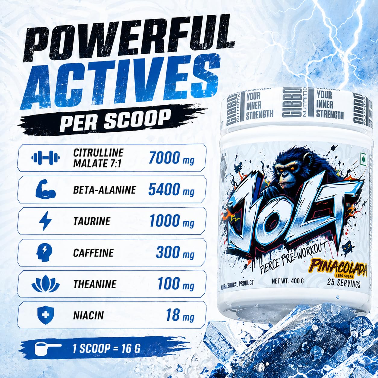 GIBBON JOLT Fierce Pre-Workout | 7000mg Citrulline|5400mg Beta-Alanine| 300mg Caffeine |1000mg Taurine | Zero Sugar|Vegetarian| Gluten Free