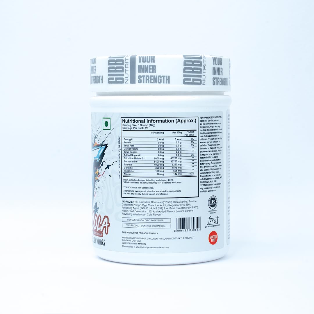 GIBBON JOLT Fierce Pre-Workout | 7000mg Citrulline|5400mg Beta-Alanine| 300mg Caffeine |1000mg Taurine | Zero Sugar|Vegetarian| Gluten Free