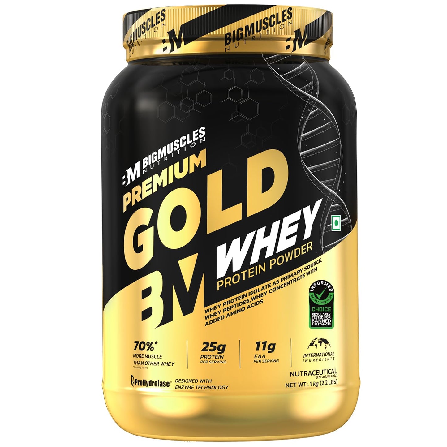 Bigmuscles Nutrition Premium Gold Whey | Informed Choice UK Certified | Isolate Whey Protein Blend | 25g Protein | 11g EAA | ProHydrolase Enzyme Technology