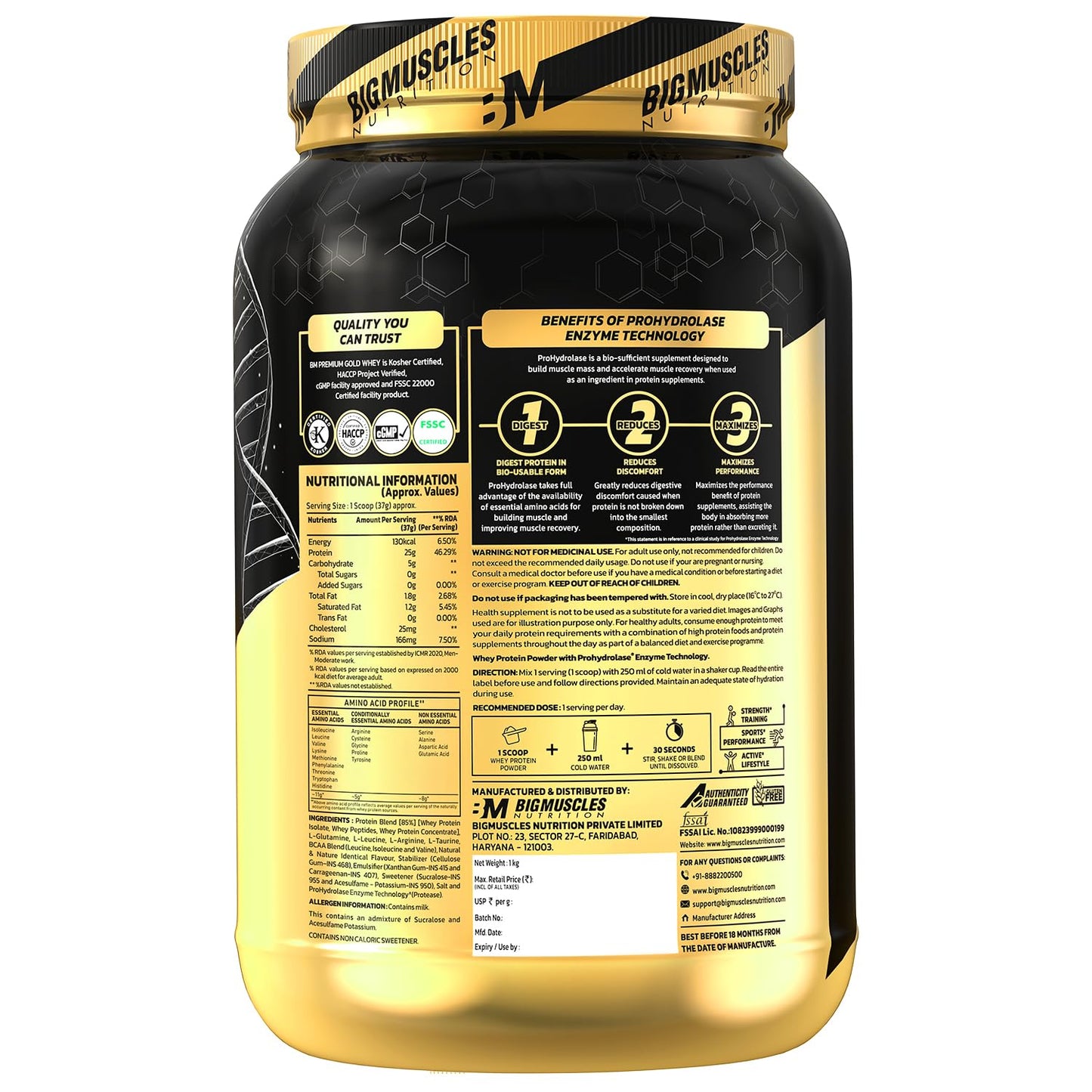Bigmuscles Nutrition Premium Gold Whey | Informed Choice UK Certified | Isolate Whey Protein Blend | 25g Protein | 11g EAA | ProHydrolase Enzyme Technology