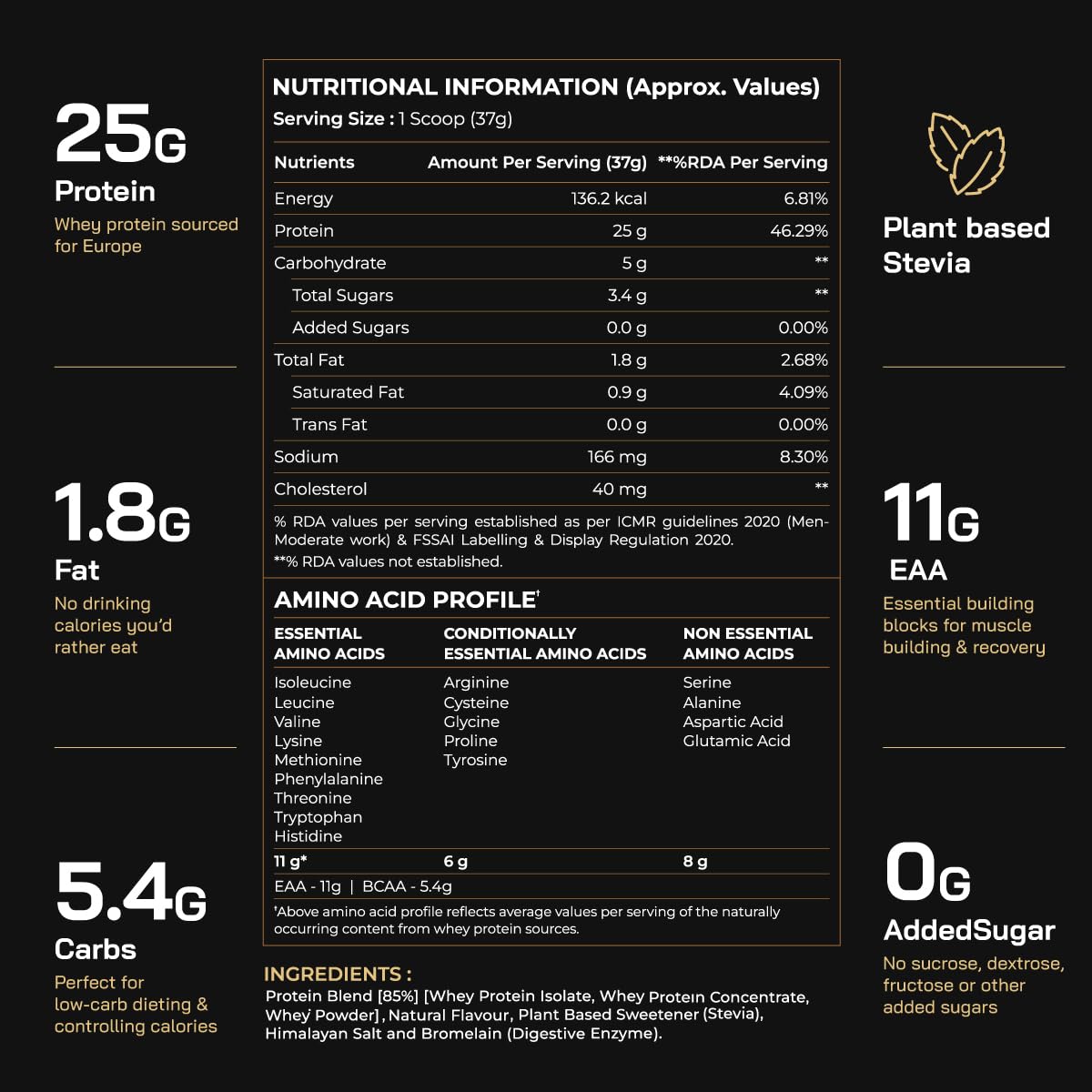 Bigmuscles Nutrition Premium Gold Whey | Informed Choice UK Certified | Isolate Whey Protein Blend | 25g Protein | 11g EAA | ProHydrolase Enzyme Technology