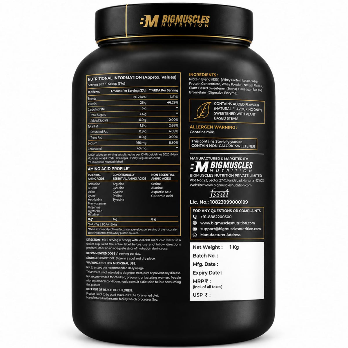 Bigmuscles Nutrition Premium Gold Whey | Informed Choice UK Certified | Isolate Whey Protein Blend | 25g Protein | 11g EAA | ProHydrolase Enzyme Technology