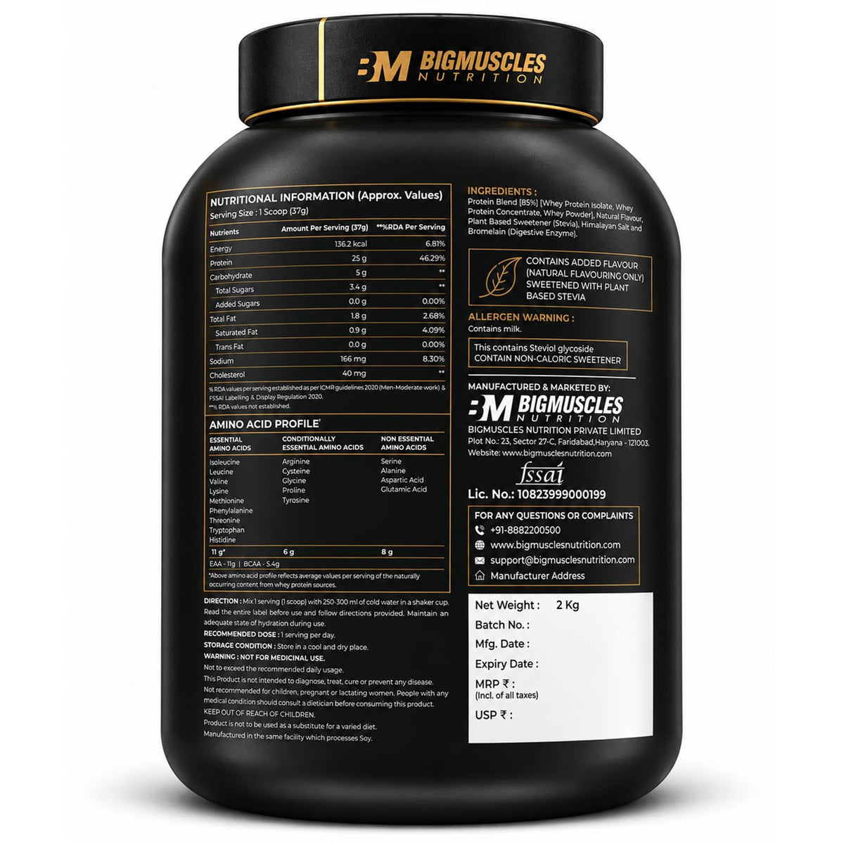 Bigmuscles Nutrition Premium Gold Whey | Informed Choice UK Certified | Isolate Whey Protein Blend | 25g Protein | 11g EAA | ProHydrolase Enzyme Technology