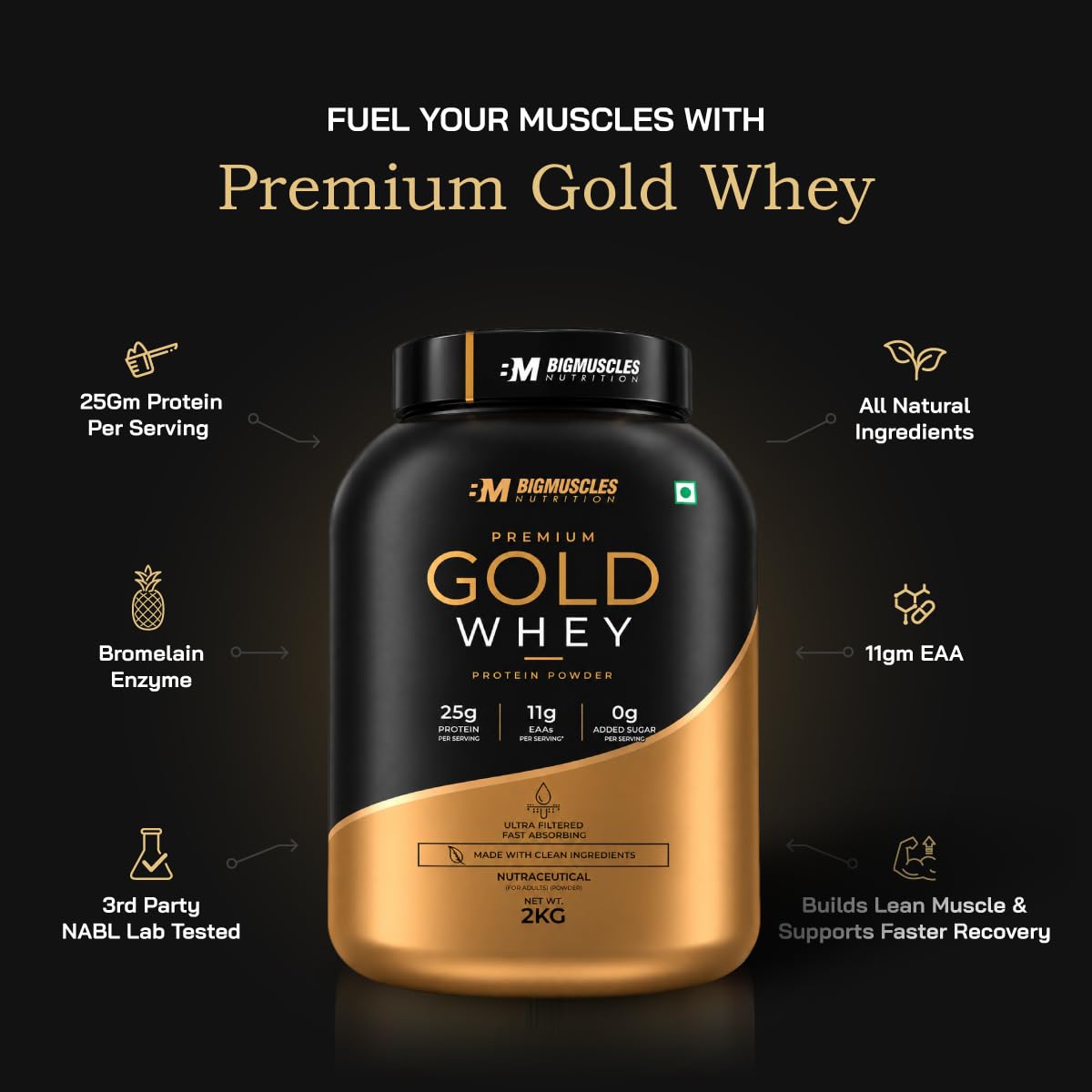 Bigmuscles Nutrition Premium Gold Whey | Informed Choice UK Certified | Isolate Whey Protein Blend | 25g Protein | 11g EAA | ProHydrolase Enzyme Technology
