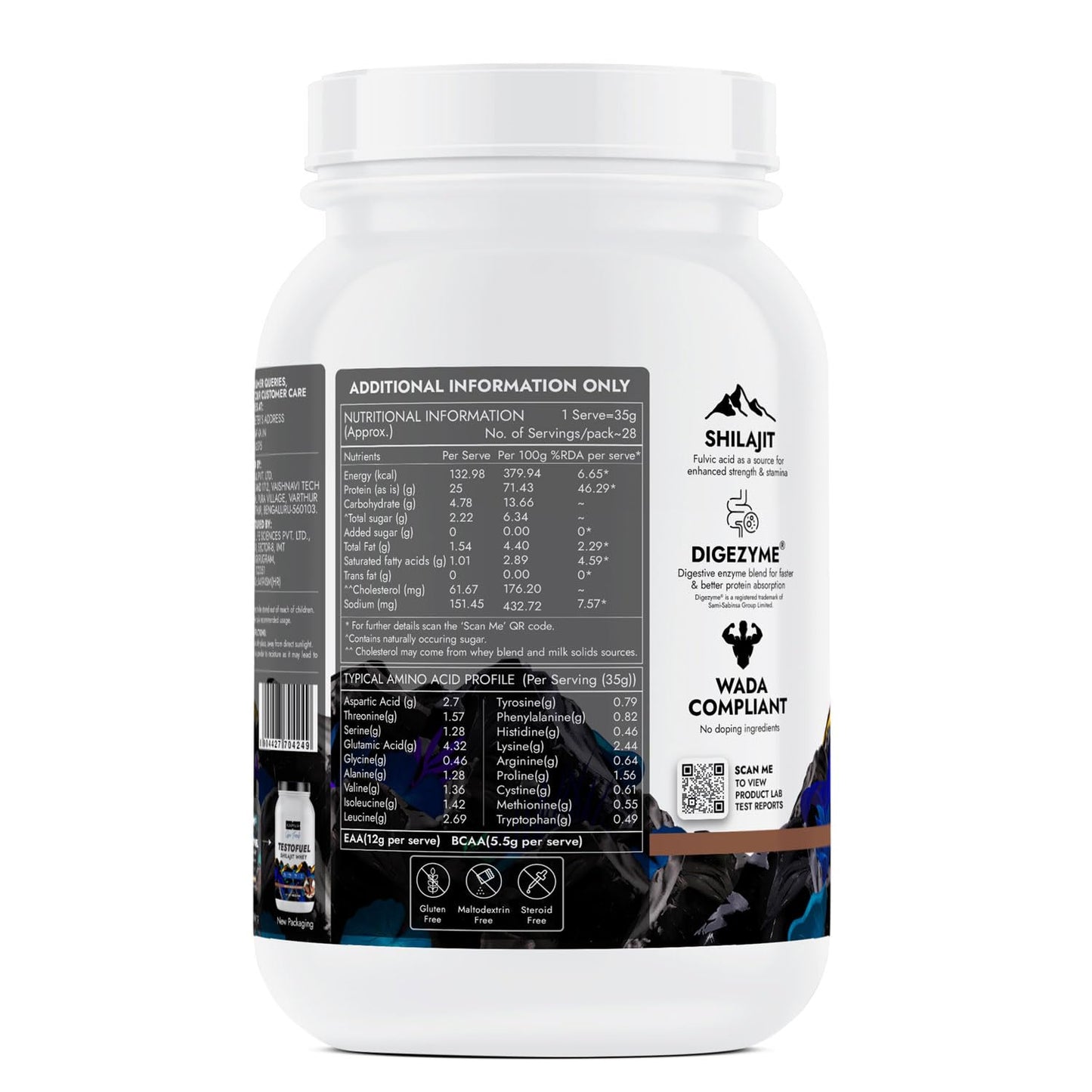 Kapiva Testofuel Shilajit Whey Protein | 25g Protein | 250mg Shilajit | 5.5g BCAA | Faster Absorption | Digezyme blend | WADA Compliant