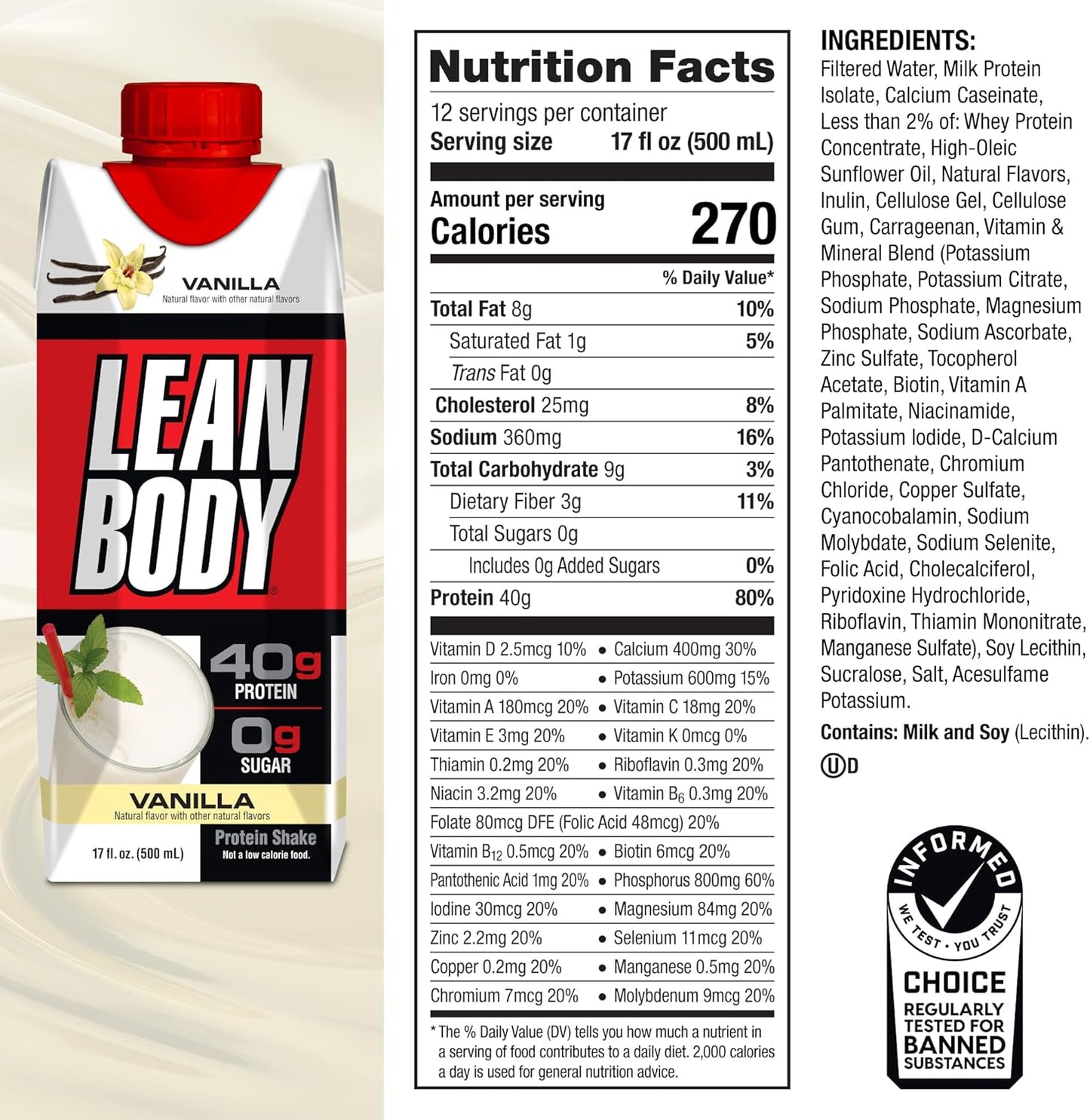 Labrada Lean Body Ready-to-Drink Vanilla Protein Shake| 40g Protein | 0 Sugar| Gluten Free| 22 Vitamins & Minerals