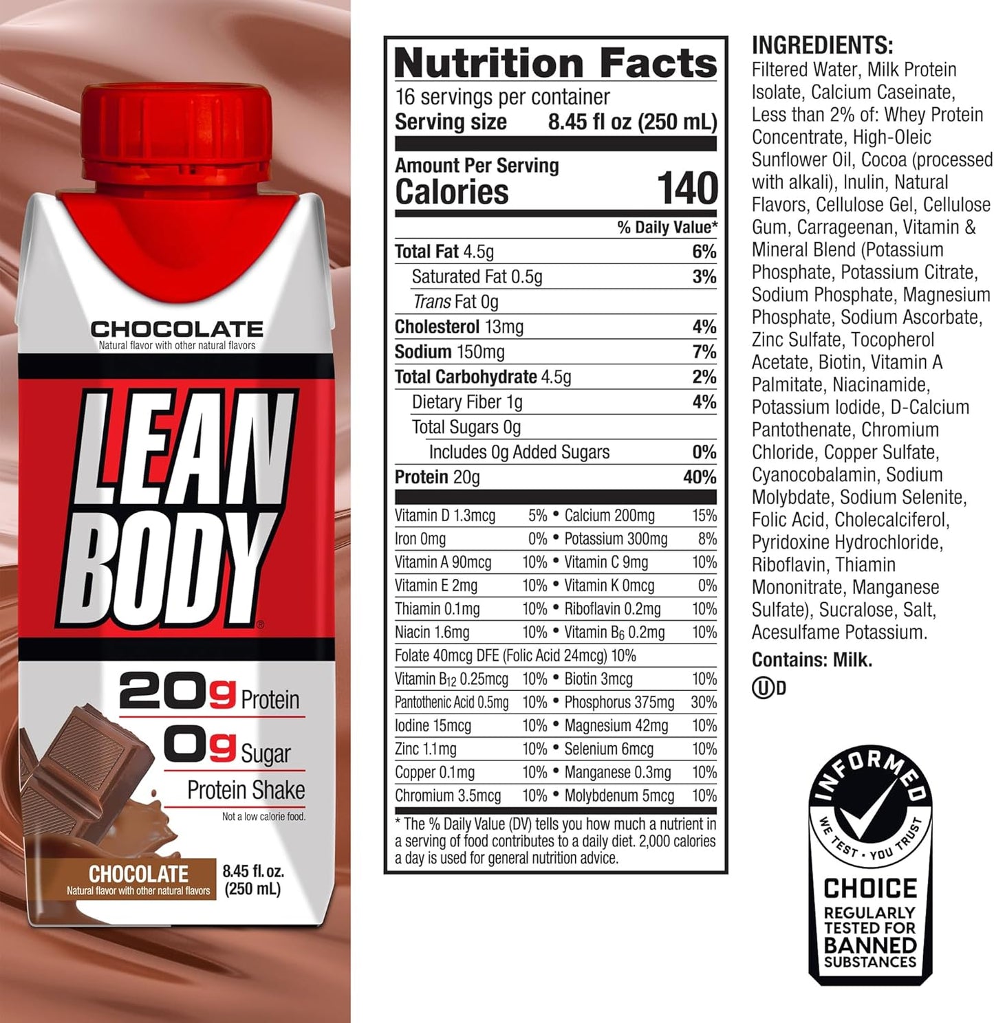 Labrada Lean Body Ready-to-Drink Vanilla Protein Shake| 40g Protein | 0 Sugar| Gluten Free| 22 Vitamins & Minerals