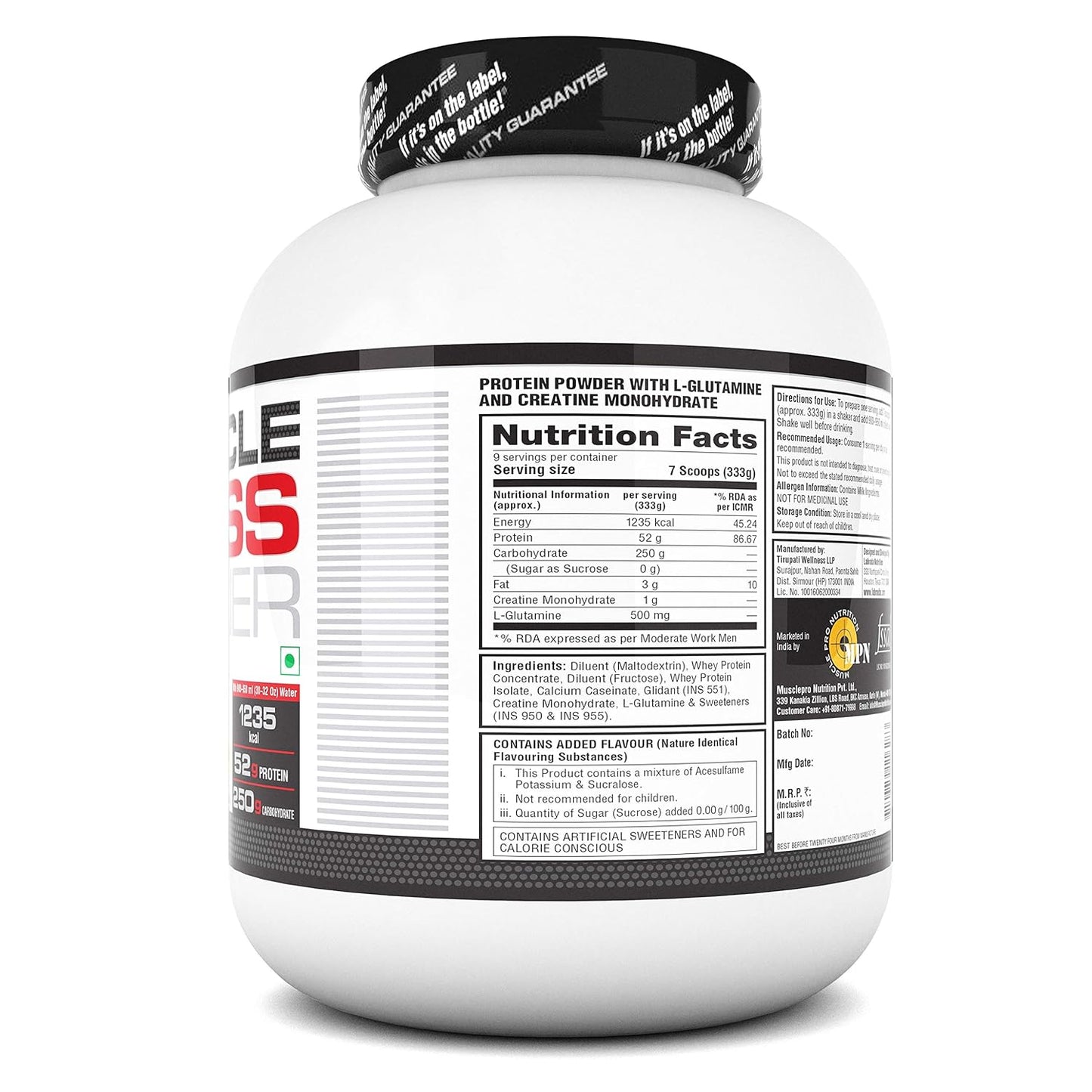 Labrada Muscle Mass Gainer Powder | Gain Weight | Post-Workout | 52g Protein | 250g Carbs | 1g Creatine | 500mg L-Carnitine | 9 Servings