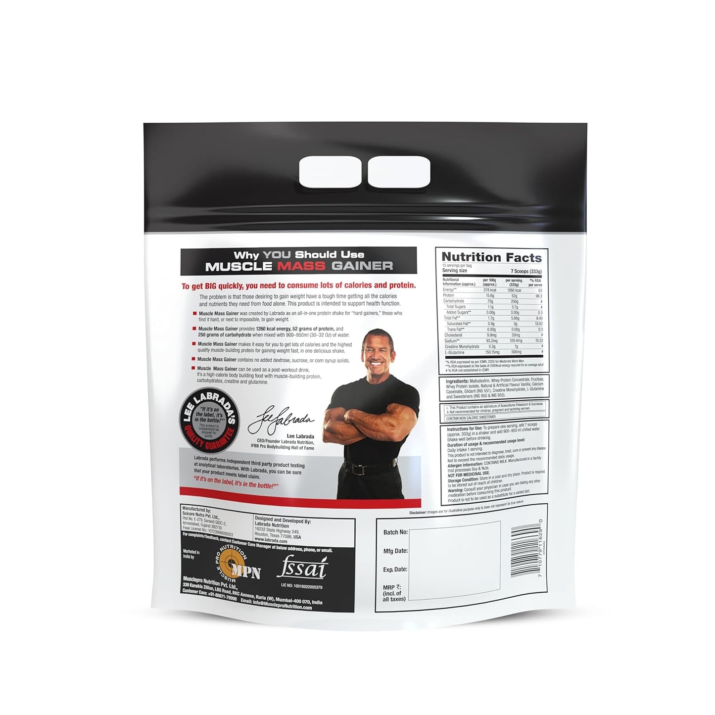 Labrada Muscle Mass Gainer Powder | Gain Weight | Post-Workout | 52g Protein | 250g Carbs | 1g Creatine | 500mg L-Carnitine | 9 Servings
