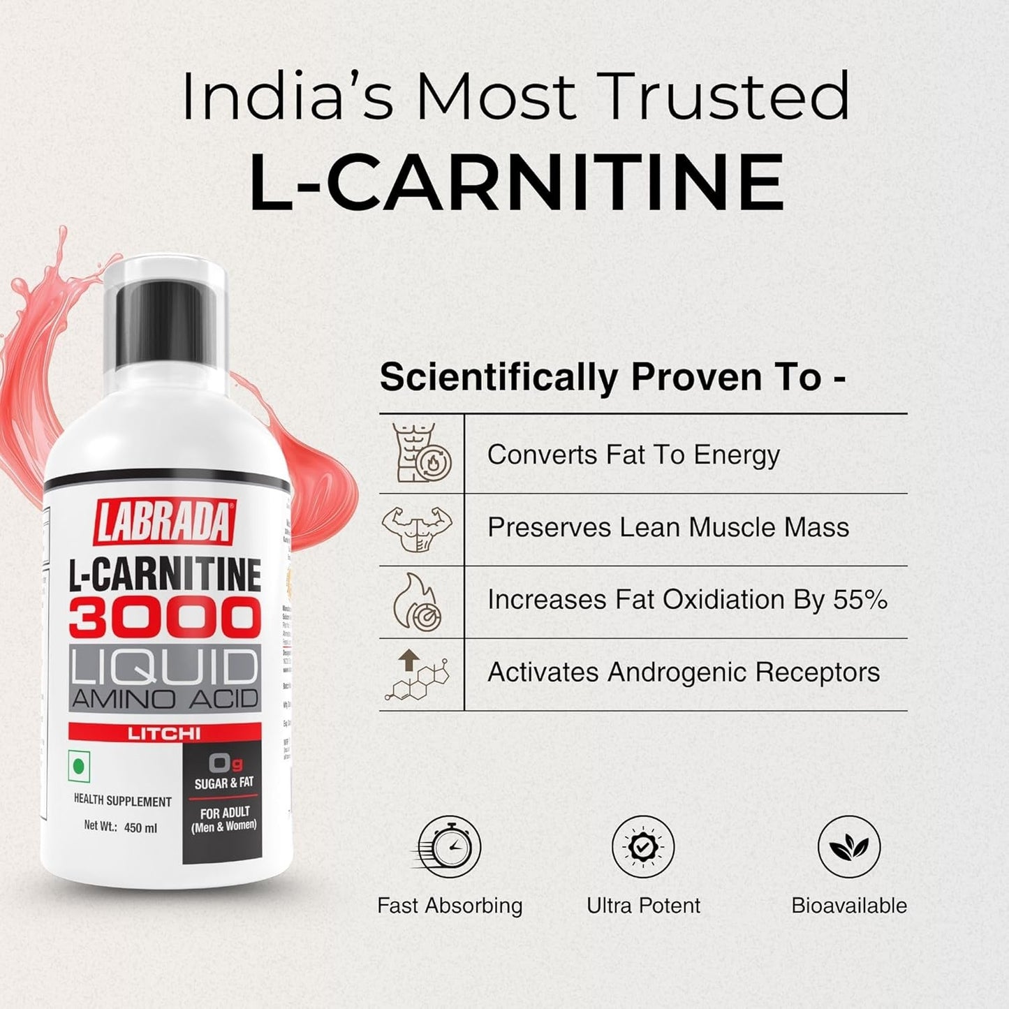 Labrada L-Carnitine 450ml | 3000mg Liquid Amino Acid with 0g Sugar - 30 Servings