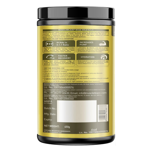 MuscleBlaze BCAA Gold 8:1:1 Powder | With Higher Leucine| Electrolytes & Glutamine