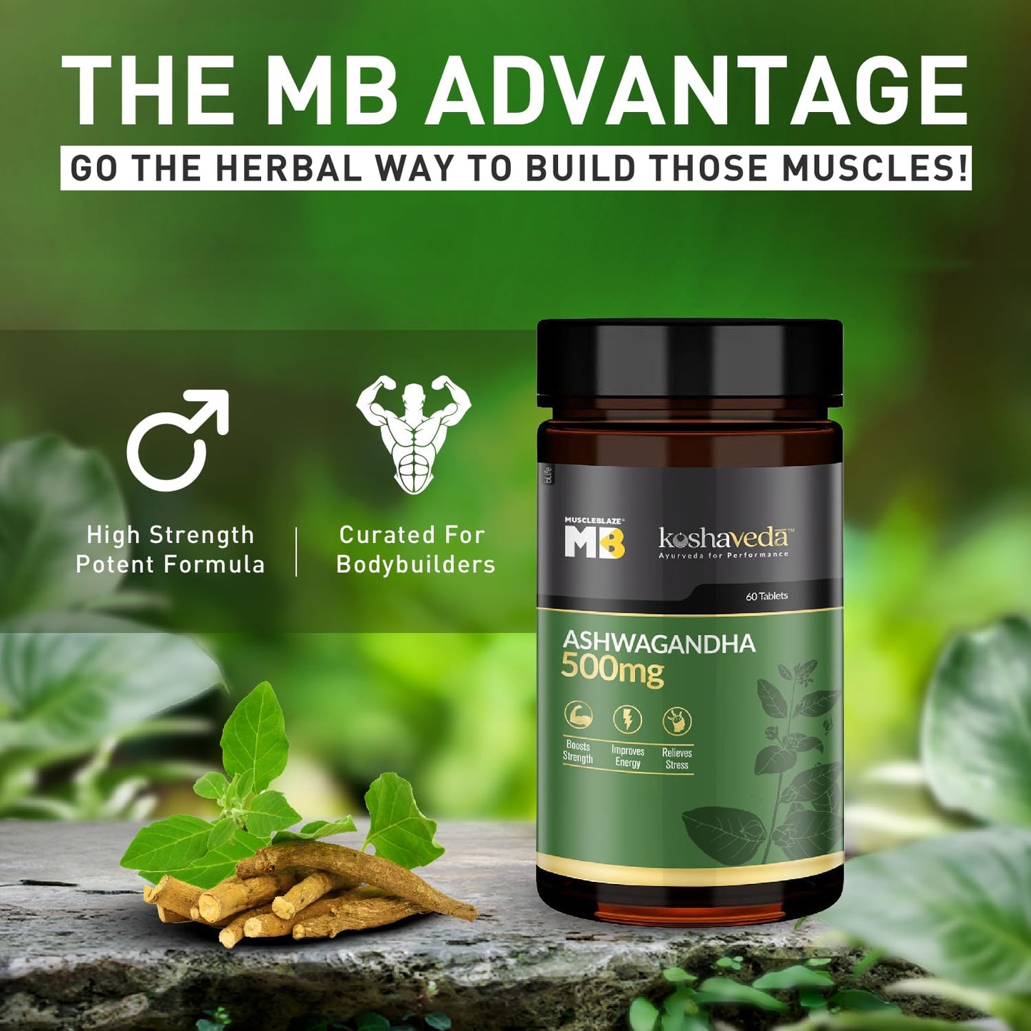 MuscleBlaze Koshaveda Ashwagandha 500mg | Ayurveda for Performance | High Strength Potent Formula | Boost Muscle Mass & Strength| Enhance Immunity