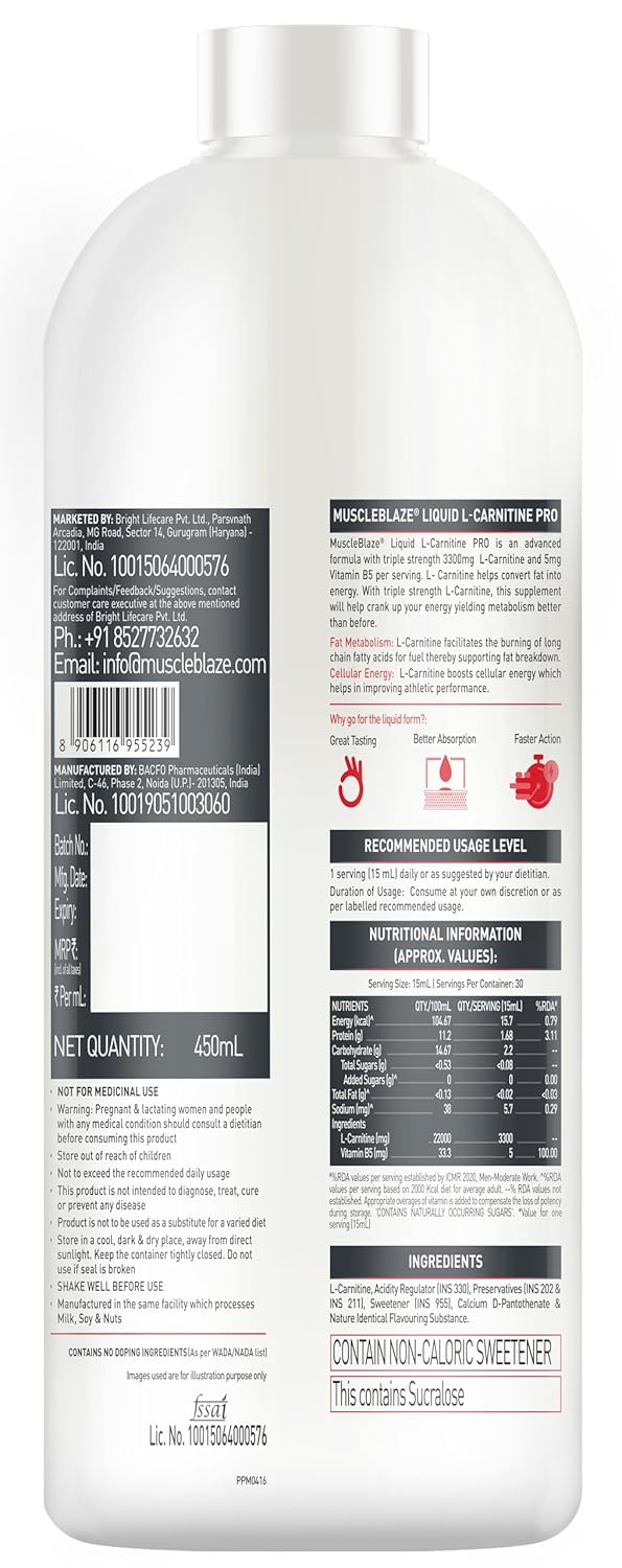 MuscleBlaze Liquid L-Carnitine PRO | 3300mg L- Carnitine |Triple Strength Formula